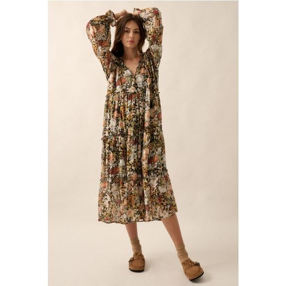 Promesa Black Size Small Floral V-Neck Chiffon Midi Dress - Picture 1 of 9